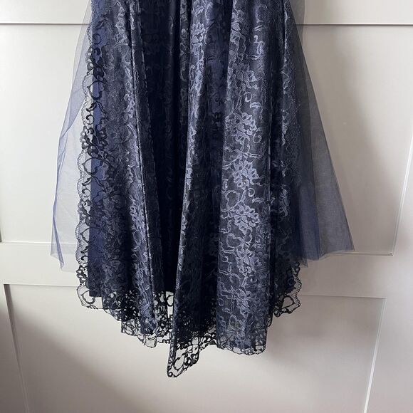 Strapless Velvet Lace Dress Womens XS Black Blue Tulle Bow Evening Formal - Picture 6 of 16